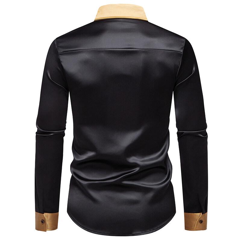 Cozy Up Spring Men's Satin Luxury Color Blocked Shirts Fashion Smooth Tuxedo Long Sleeve Shirt Wedding Party Prom Casual Shirt Business