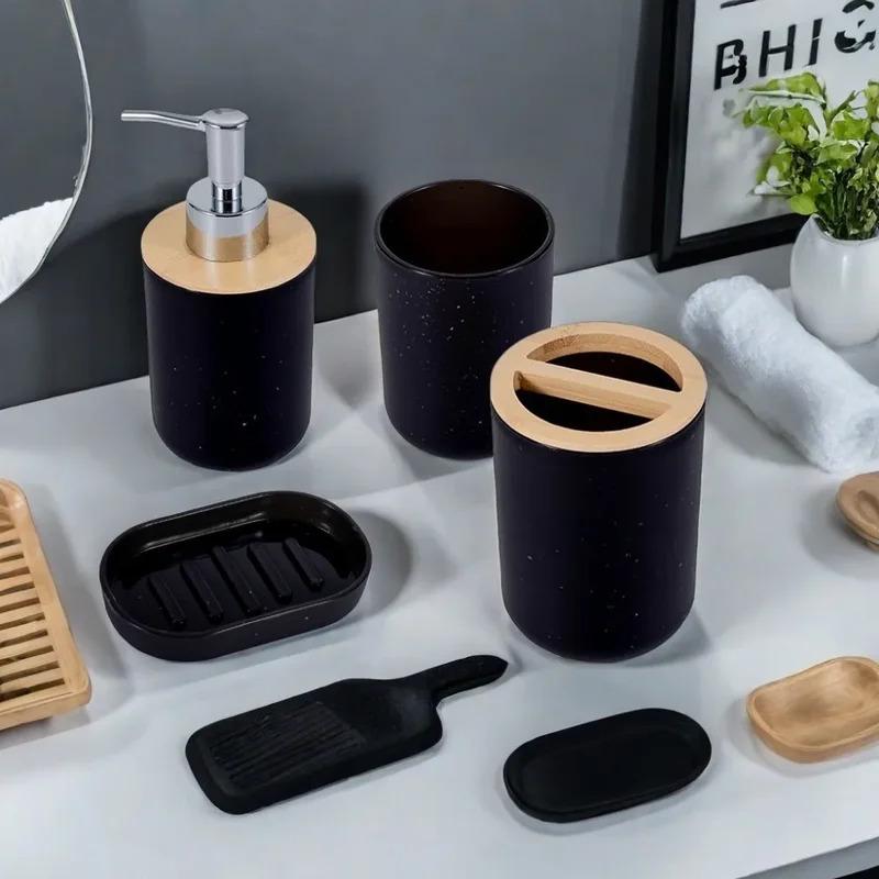 4Pcs/Set Bamboo Plastic Bathroom Storage Set, Soap Dispenser Box Toilet Brush Lotion Bottle Trash Can Toothbrush Cup Holder