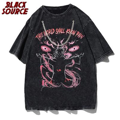 Black Source Anime Pain Printed T Shirt Men Retro Washed Cotton Tops Tees Harajuku Tshirt Streetwear Hip Hop Male T-shirts