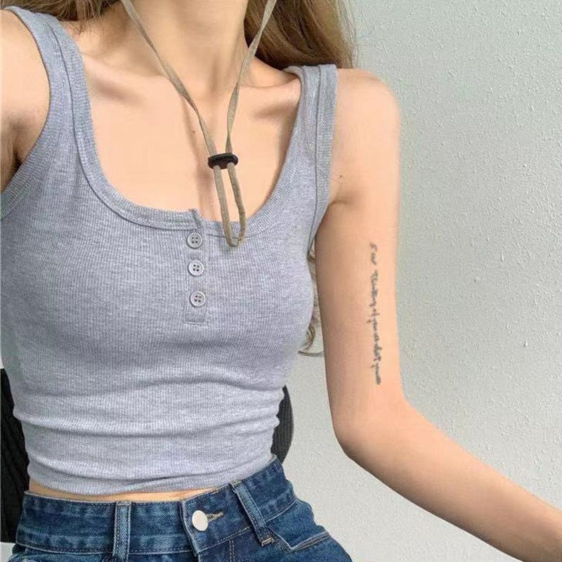 Tank Top Button Ribbed Crop Tops Women Summer Camis U-neck Camisole Fashion Casual Tube Female Sleeveless
