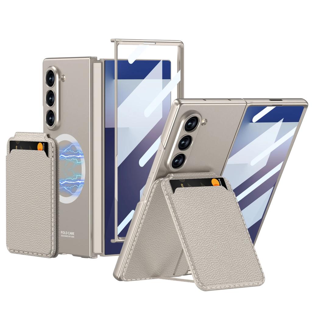 Magnetic Detachable Card Holder Bracket Phone Case for Samsung Galaxy Z Fold 7 6 Fold7 Fold6 with Tempered Film Protective Cover