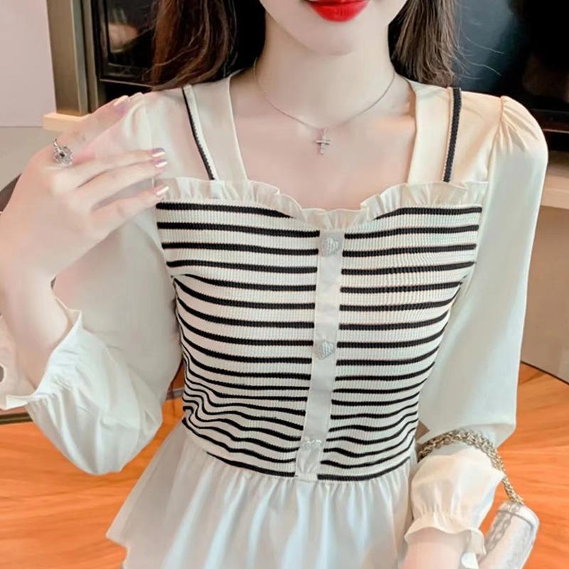 

Elegant Women s Two-Piece Look Patchwork Striped Long-Sleeve Slimming Top - Spring 2025 Arrival M (recommended 91-100)