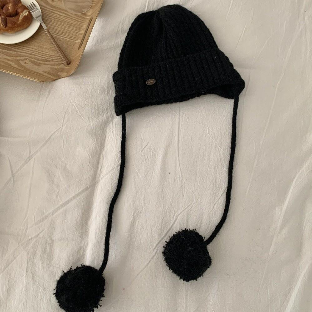 Thick Pom-pom Knit Cap Windproof Beanie Hats Kawaii Y2k Knitted Cap  Female