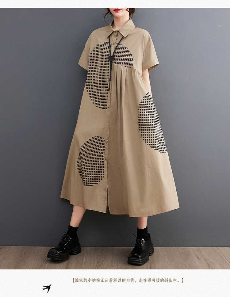 Loose Plus Print Medium Long Artistic Retro Short Sleeved Shirt Dress