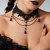 Gothic Dark Gem Water Drop Fringed Necklace Female, Sweet Cool Black Lace Collar Choker