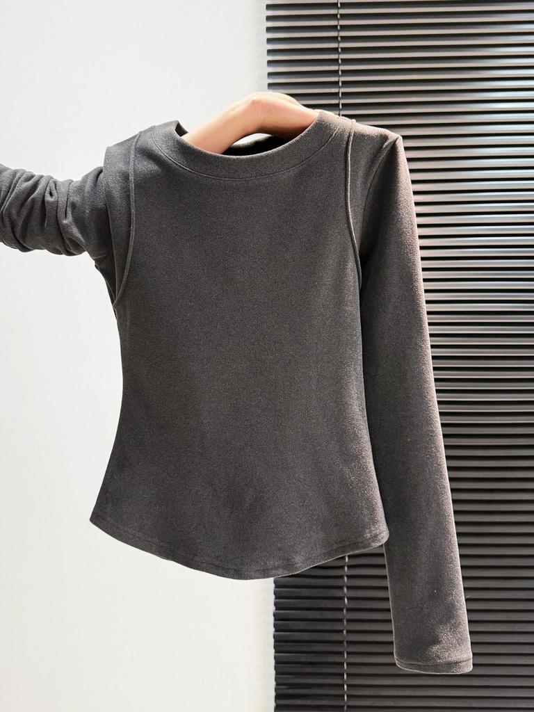 Women's Slim Fit Long-Sleeve White Plush Hem T-Shirt - Autumn/Winter Style