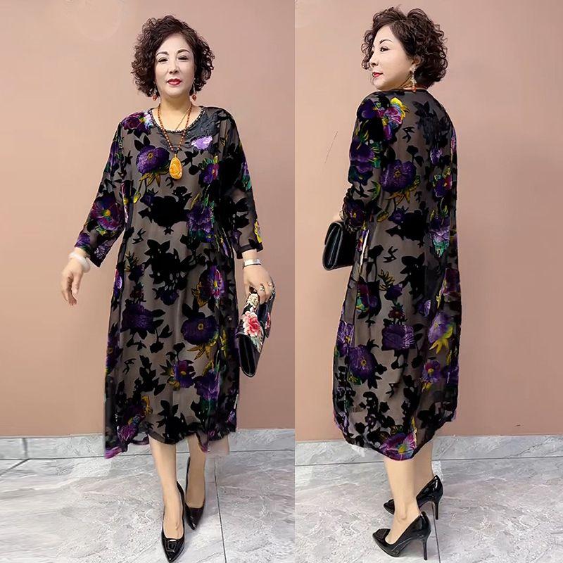 High-end Women's golden Velvet Dress Long Plus-Size Silk Dress Loose Floral A-Line Dress Spring Autumn