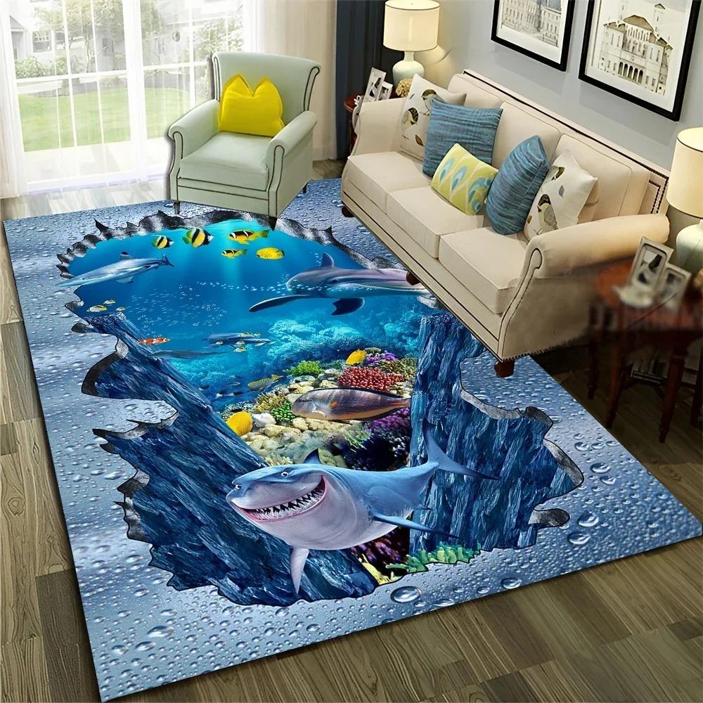 Interesting Starfish Shark Beach Ocean Element Carpet 3D Ocean Beach Visual Carpet Home Decoration Gift