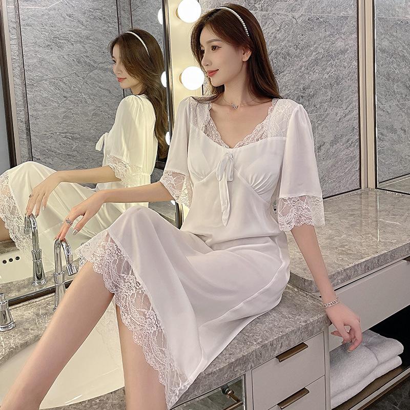 Ladies Summer Sexy Lace Sleepwear Short Sleeve Nightdress Women's Ice Silk Long Dress Bowknot Homewear