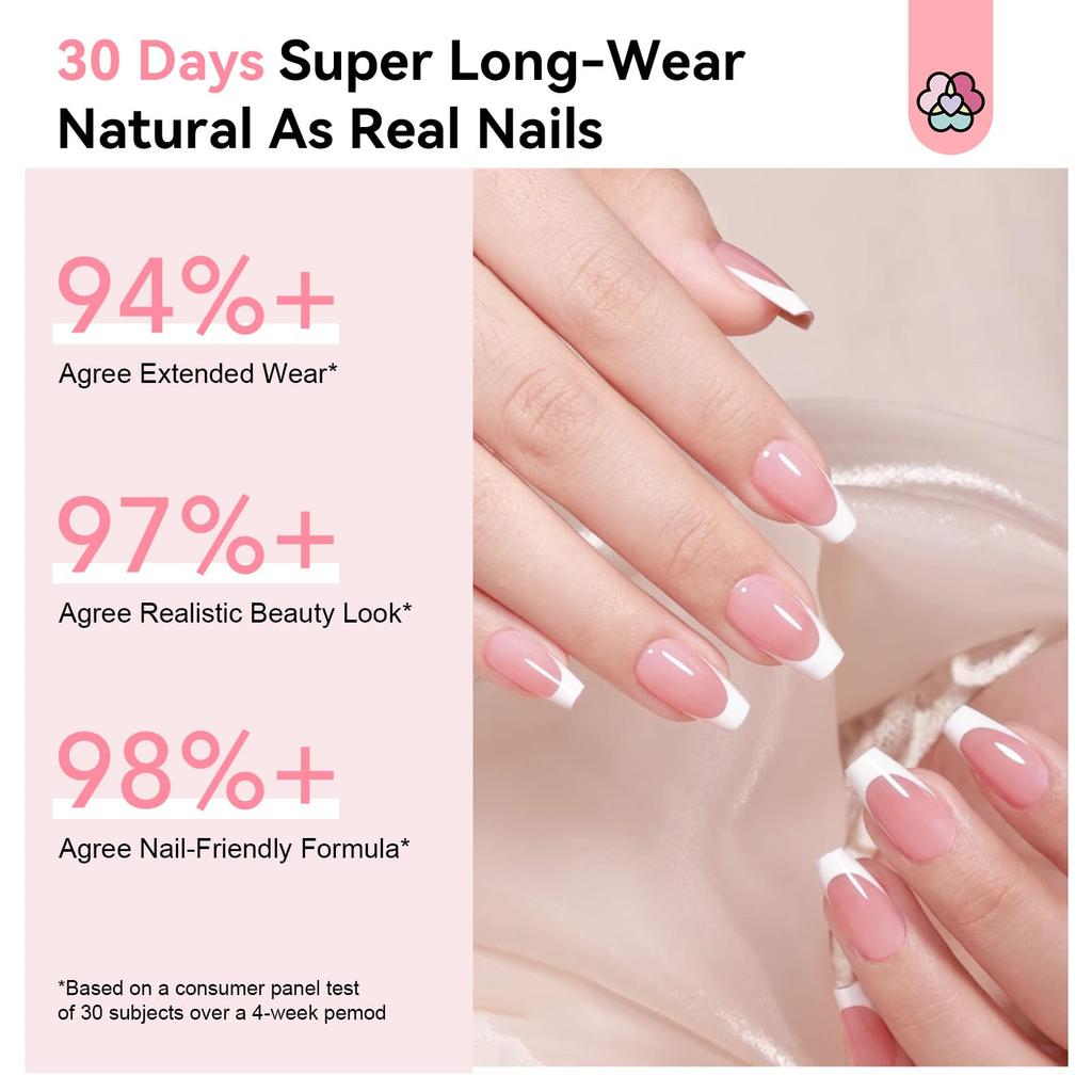 Saviland Nail Everlasting Gel Nail Pink Medium Coffin Nail Full Soft Gel Fake Solid Nail Glue UV Nail French Tip Home DIY 256-Piece Press-On Kit