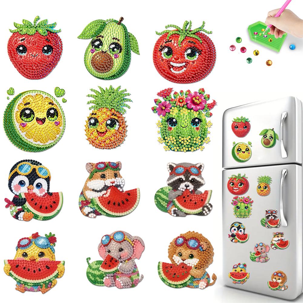 12PCS 2D Flat DIY Diamond Painting Refrigerator Magnet Round Diamond Crystal Refrigerator Magnet Diamond Art Kits for Home Decor