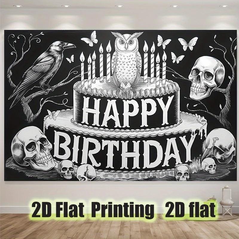 2D plane, 1 Gothic birthday celebration banner with skull and crow design - black and white 2D plane party decorationyzb