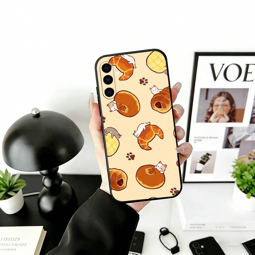 Cute Bread Illustration Phone Case Black Silicone Soft For Samsung Galaxy A73,A72,A71,A70,A53,A52,A51