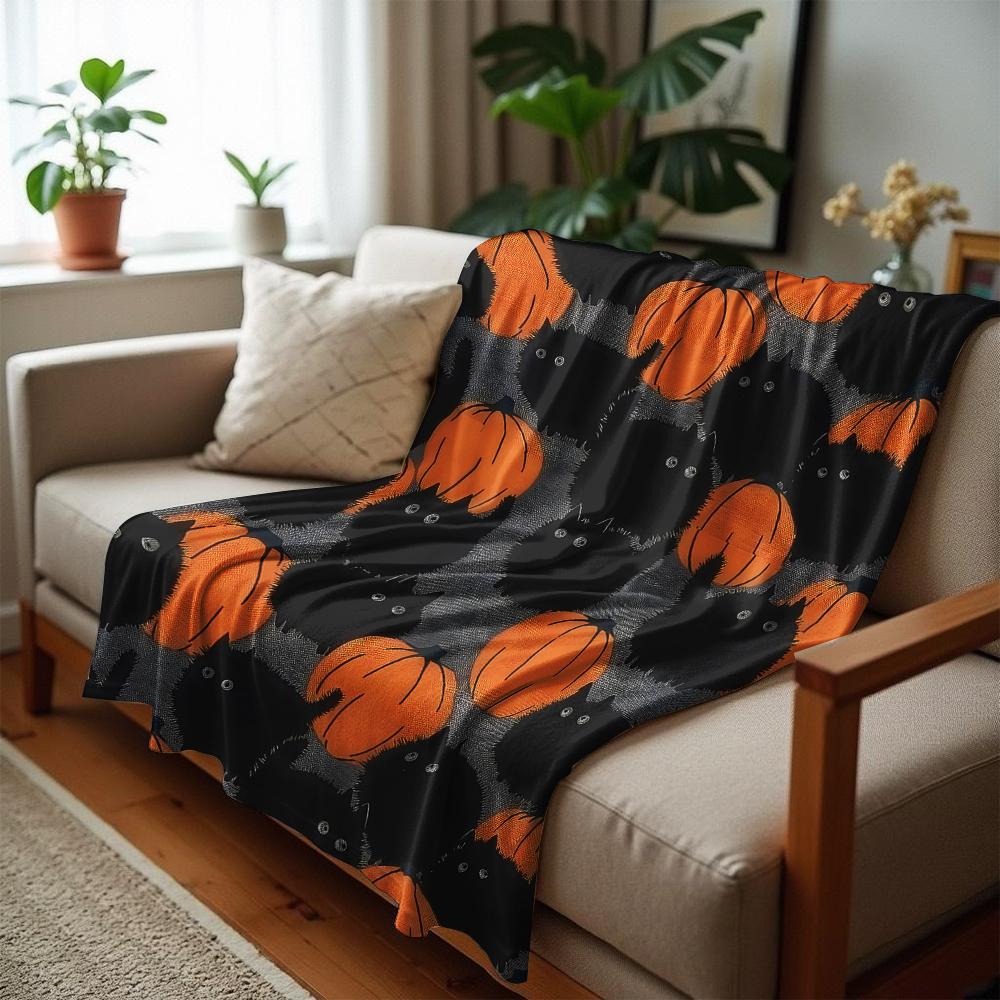 Grey Black Cat Pumpkin Soft Flannel Blanket Breathable Warm Throw for Office Car Sofa Kids Room Birthday Xmas Gift