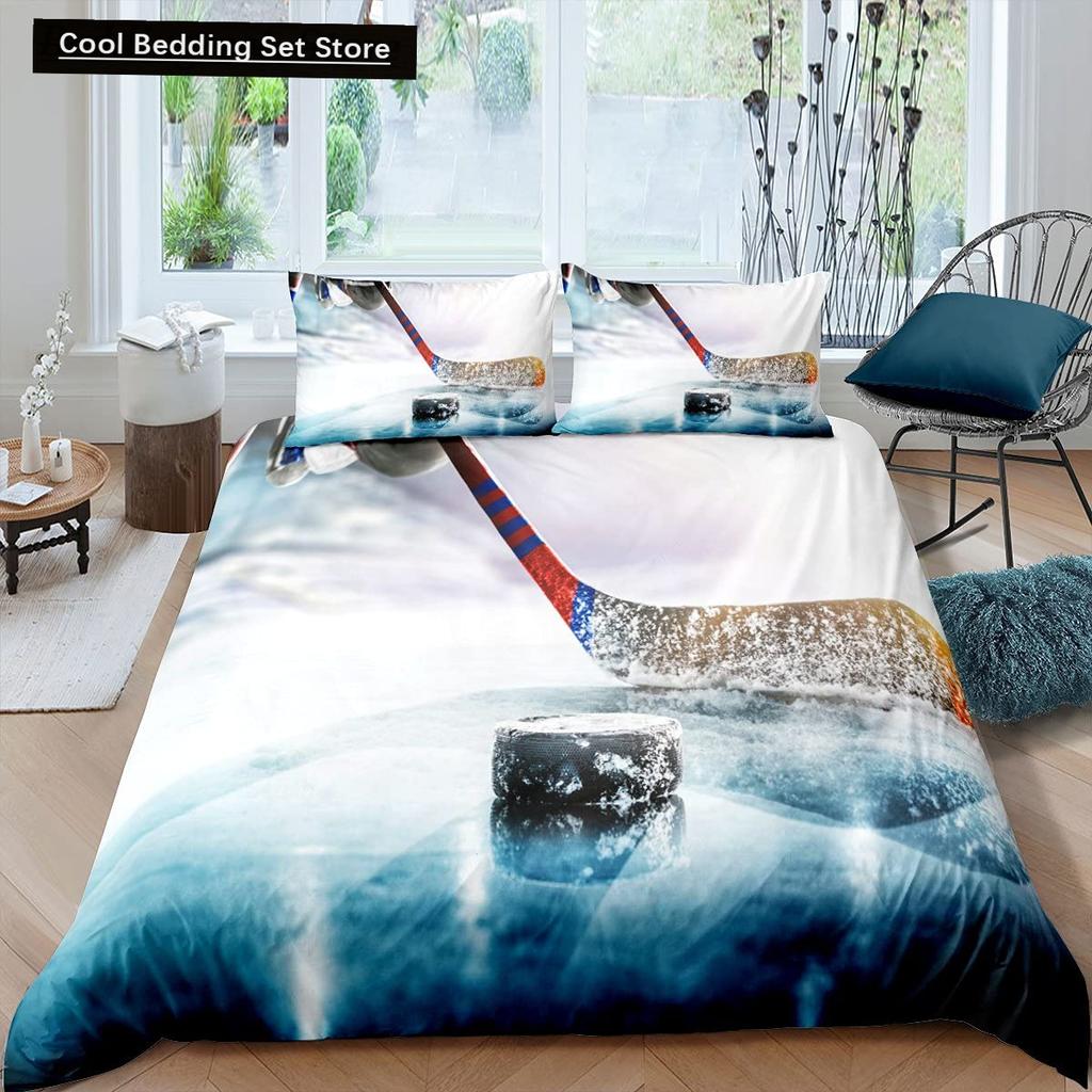 Comforter Ice Hockey Puck Hockey Player Winter Event Bedding Set Boys Sports Game Black Polyester Comforter