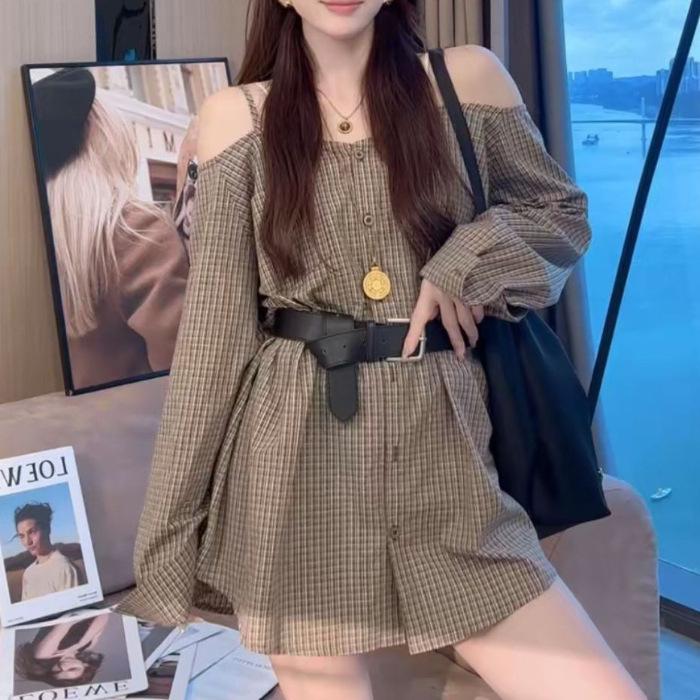 

Spring new temperament off-the-shoulder plaid shirt loose and thin long-sleeved dress early A version skirt S