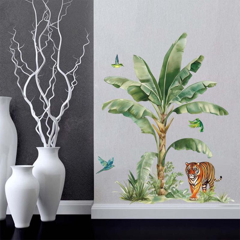 Tropical Tiger & Banana Leaf Bird Wall Sticker for Living, Dining, or Study Rooms - Self-Adhesive Decor
