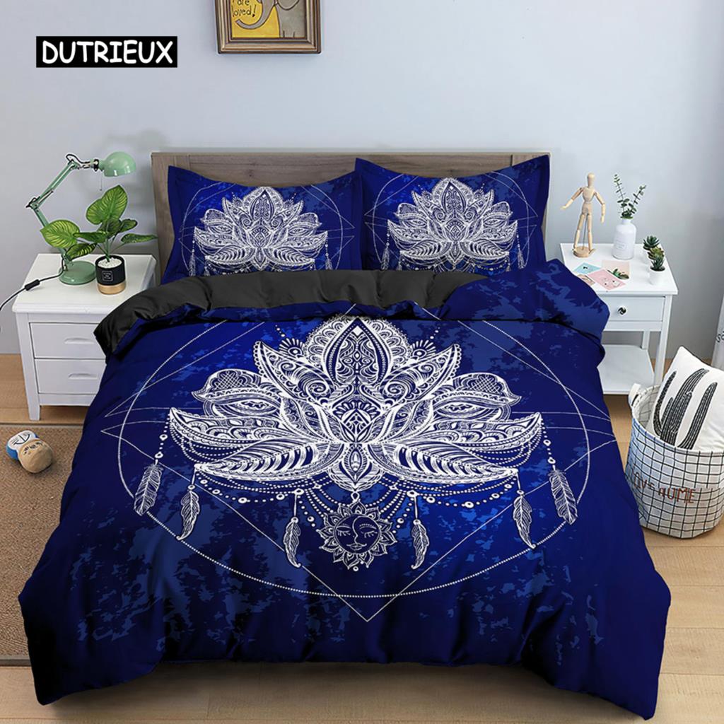 Lotus Duvet Cover Set Mandala Lotus Pattern Twin Bedding Set Exotic Boho Style for Teens Queen King Size Microfiber Quilt Cover