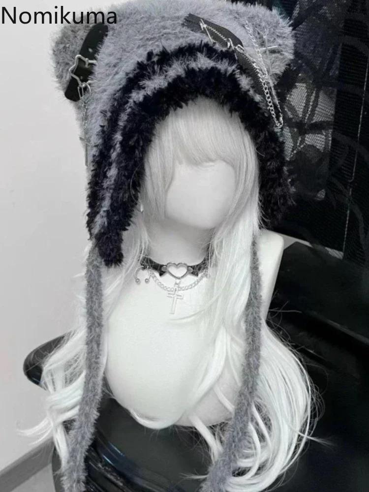 Harajuku Gothic Lolita Knitted Cat Ear Hat Women Punk Designer Cross Bat Winter Black Beanie Cute Hat Female Accessories Cap