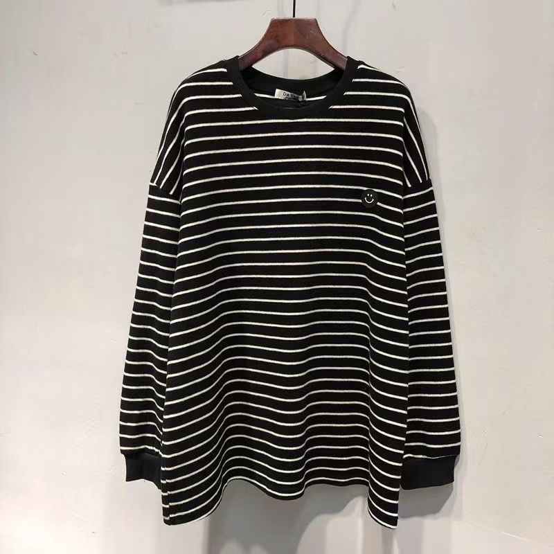 Plus Size Women Korean Style Smiley Face Striped Knitted T-shirt Autumn Bottoming Shirt Casual Loose Pullover Long Sleeve Tops