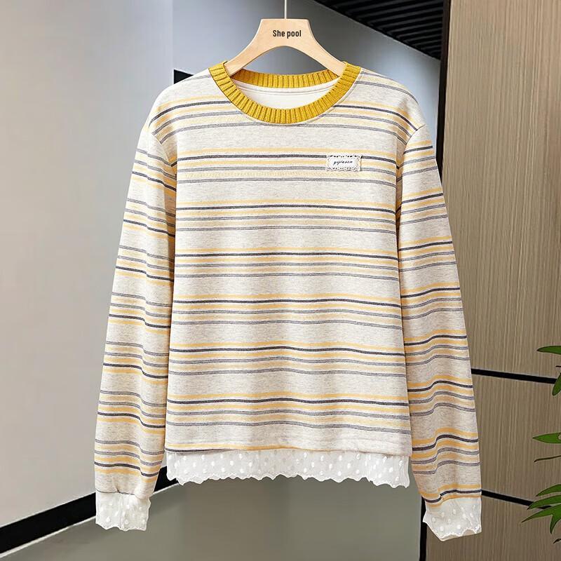 

Shechi Women s Striped Lace Trim Pullover Sweatshirt L