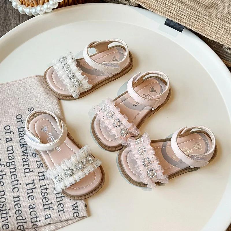Little Girl Sandal Sweet Lace Pleated Kid Summer Princess Flat Sandals Fashion Pearl Children Causal Wedding Party Dress Sandals