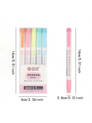 5pcs Dual Tip Highlighter Student Supplies Colored Pens Highlighting Markers Angled Tip Highlighter, Back To School Supplies