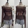 2KWEIRD Women Retro Y2K Hot Girl One Shoulder Mesh Sunscreen Cover Up Camisole Long Sleeve T-Shirt Two-piece Tops Suit Daily Outfit