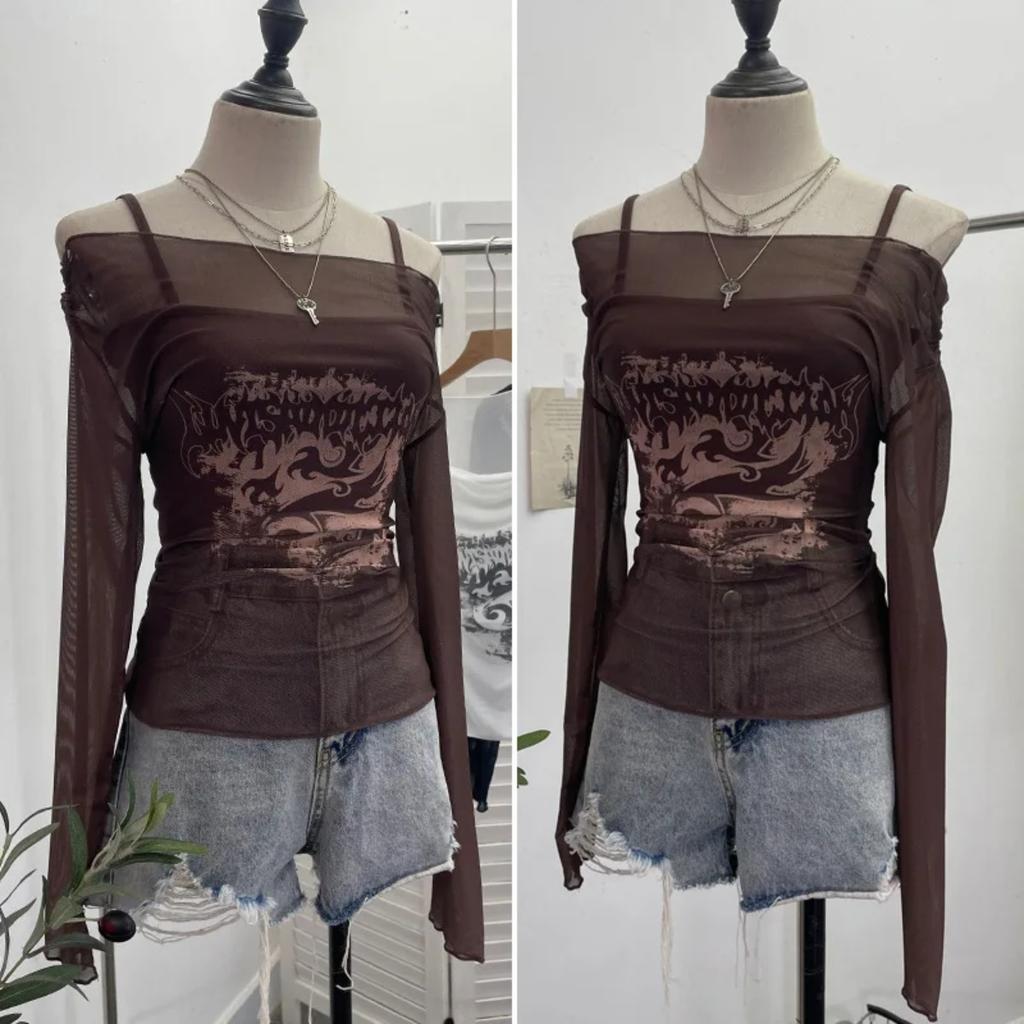2KWEIRD Women Retro Y2K Hot Girl One Shoulder Mesh Sunscreen Cover Up Camisole Long Sleeve T-Shirt Two-piece Tops Suit Daily Outfit
