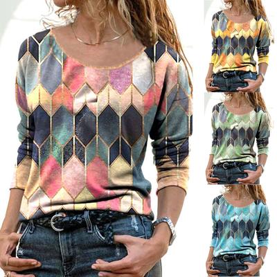 New Women Casual Round Collar Printed Long Sleeve Shrit Spring and Autumn Loose Blouses Pullover Plus Size Tops