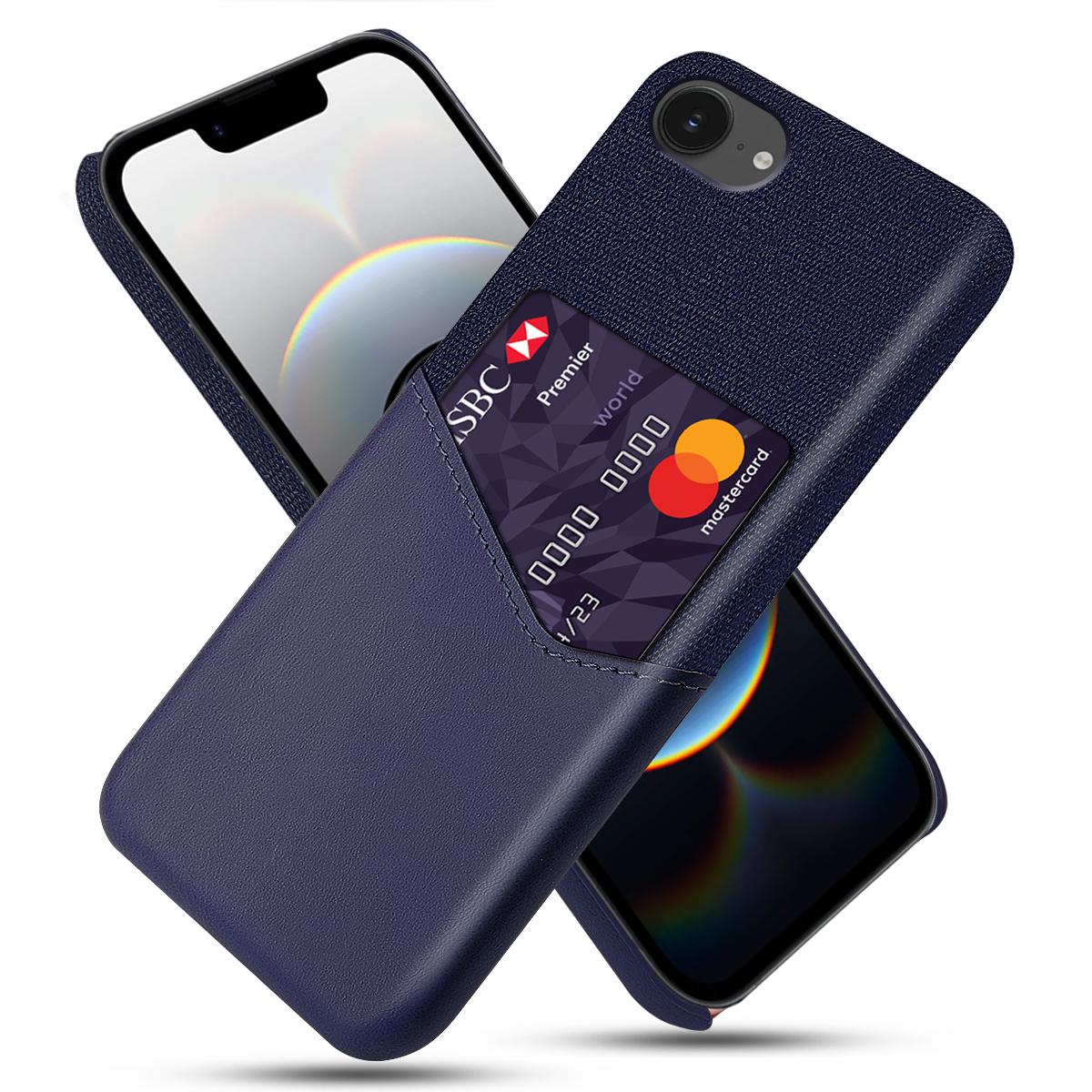 

For iPhone 16e Case PU Leather Cloth Texture Hard PC Phone Cover with Card Holder Blue