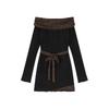Sexy reines Verlangen Gewürzmädchen Stil Leopardenmuster Spleiß One-Shoulder Langarmkleid Herbst Schlanke Passform und Dünn Hüftumwickelter Kurzer Rock