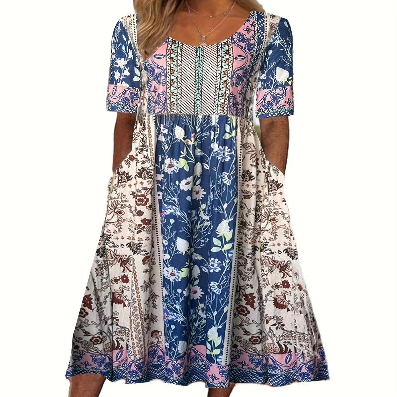 

summer new women s Bohemia loose fashion print round neck short sleeve long dress S
