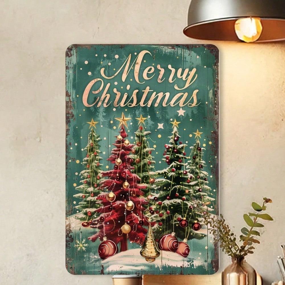 Vintage Tin Sign Holiday Tree Wall Art 12x8 Inch Aluminum Decor for Home Office Cafe