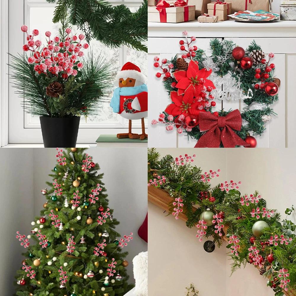 20pcs Artificial Snow Frosted Red Berries Stems Home Decor DIY Crafts Christmas Tree Party Decoration New Year Festive Ornaments