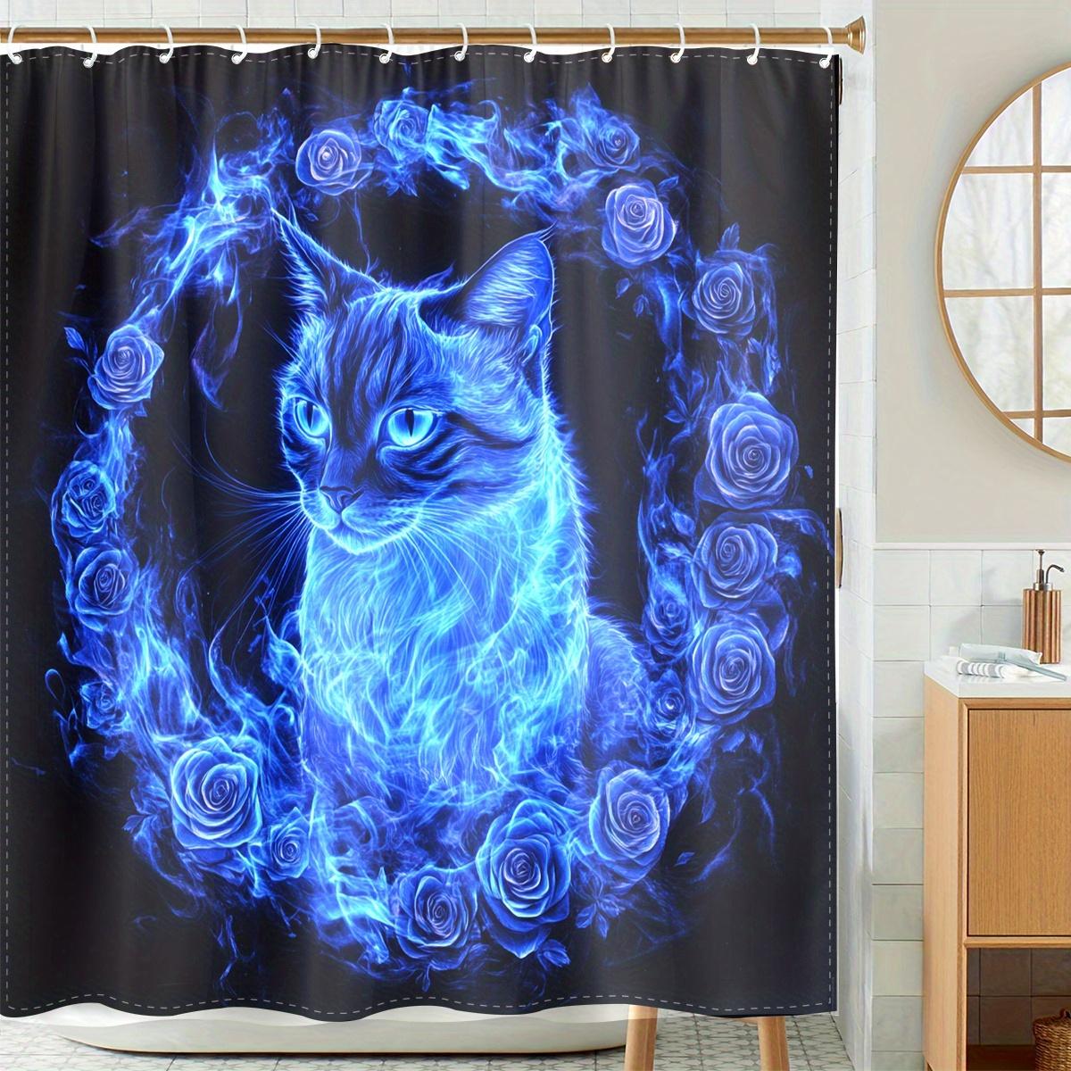 

1Pc Whimsical Cat & Rose Digital Printed Shower Curtain - Vibrant Blue Polyester Fabric With Hooks, Stylish Bathroom Decor For W60H190(CM)-1 Pcs
