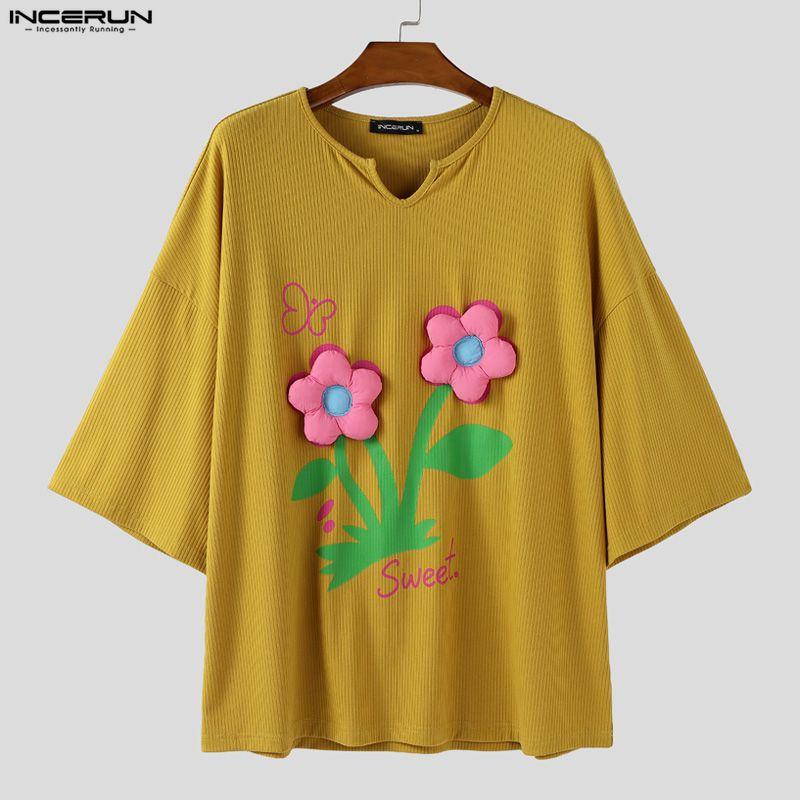 INCERUN Oversized Men Round Neck Short Sleeve 3D Flower Print Stitching Casual Rib T-shirts Tops