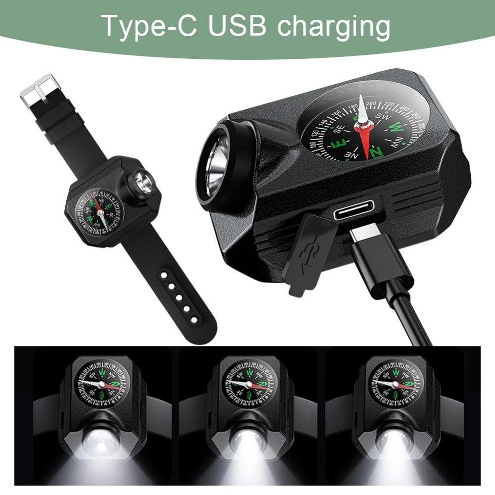LED Portable Watch Light Flashlight Torch Wrist Light USB Rechargeable Emergency Light Outdoor 4 Modes For Sport With Compass
