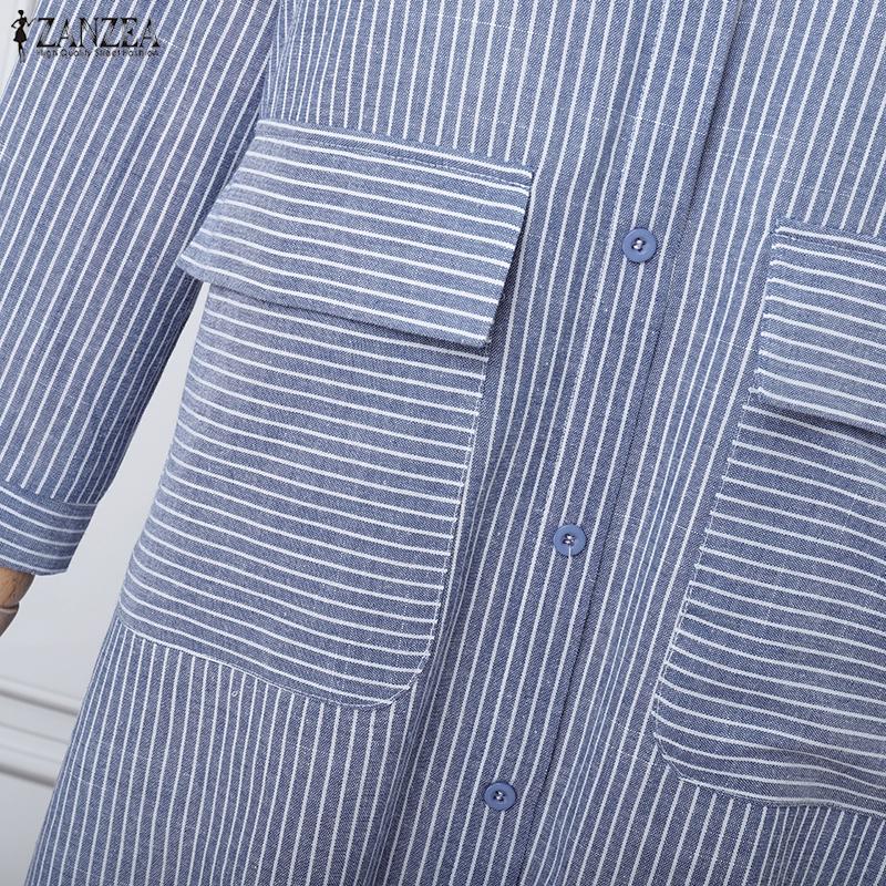 ZANZEA Women Casual Turn Down Collar Loose Long Sleeve Stripe Dress