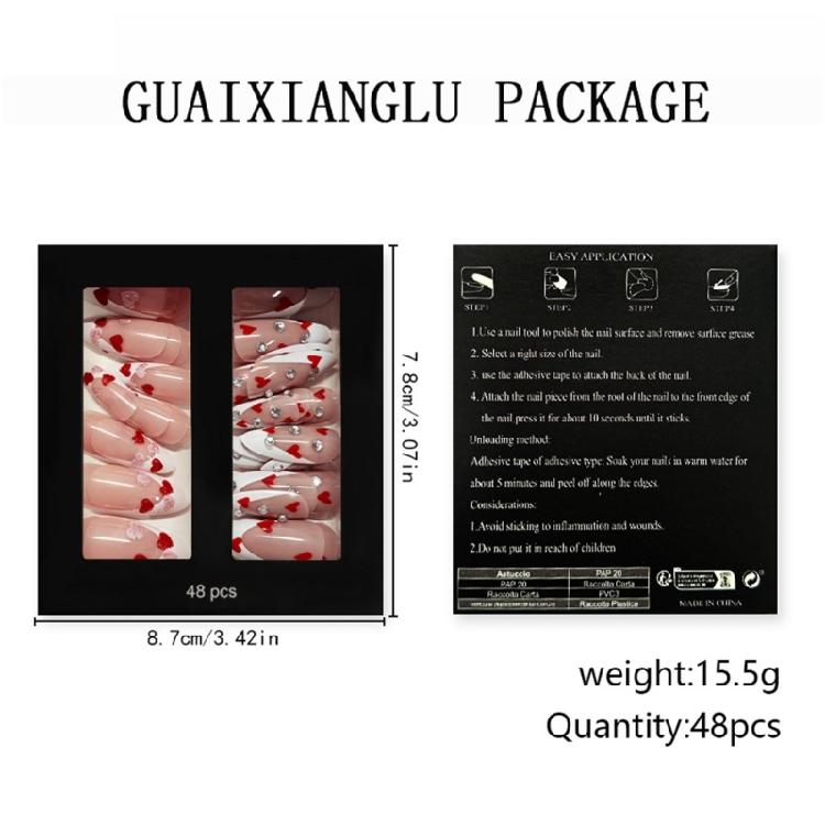 Women's Valentine Special Press On Nail 48Pcs Red Heart Glitters White French Design Multiple Sizes Easy Apply