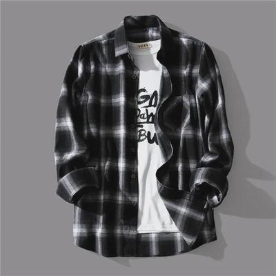 Men's Black and White Plaid Shirt - Korean Style, Trendy, Casual Long-Sleeve for Spring/Autumn
