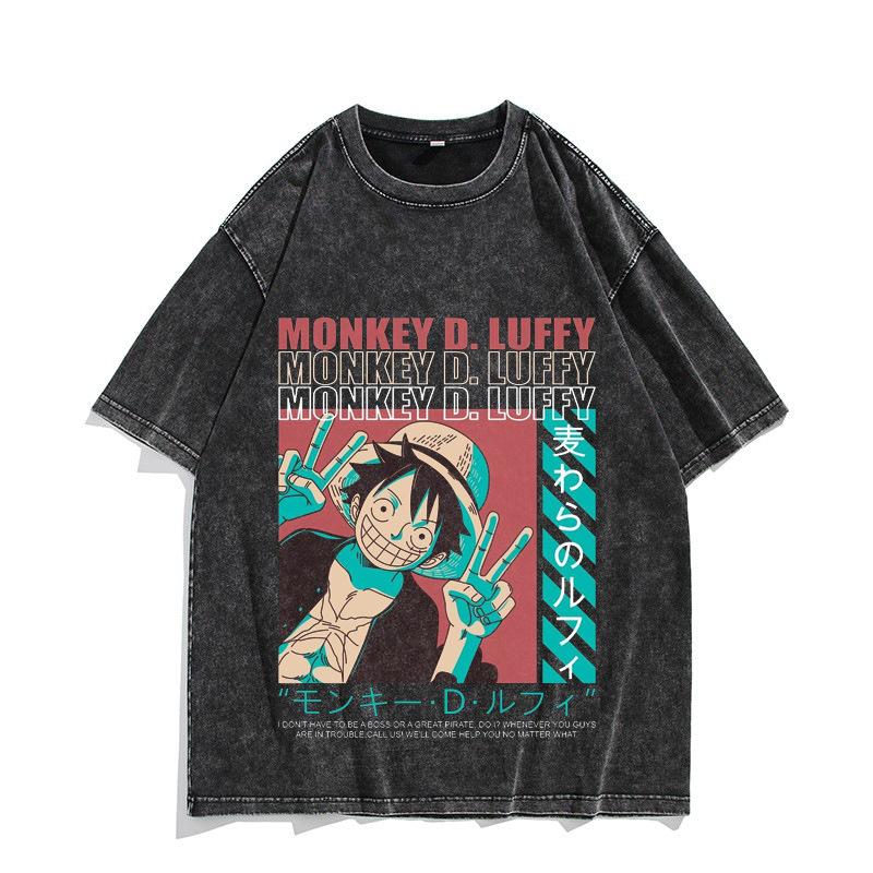 One Piece Luffy Kidd Law  Printed Tshirt Mens and Womens Washed Tshirt High Quality Vintage Cotton Tshirt Harajuku Tops M