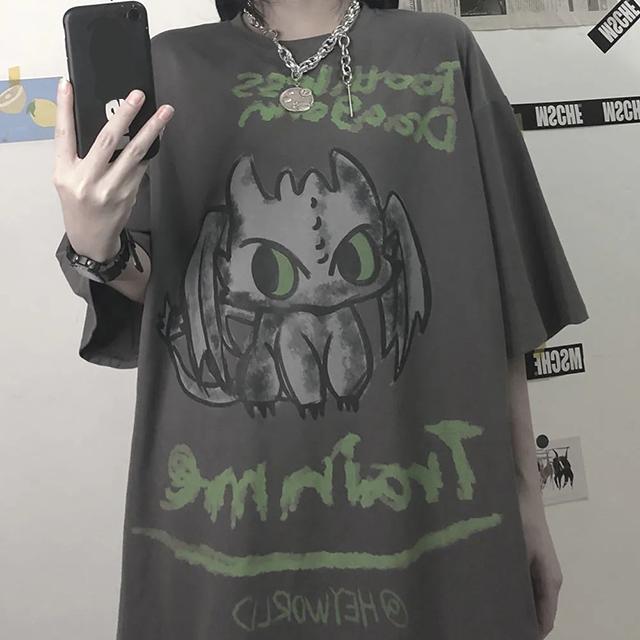 Korean Style Harajuku Women's Dragon Print T-shirt Lazy Women's Top Casual Loose Short-sleeved T-shirt Trendy Unisex Clothes Oversized T-shirt