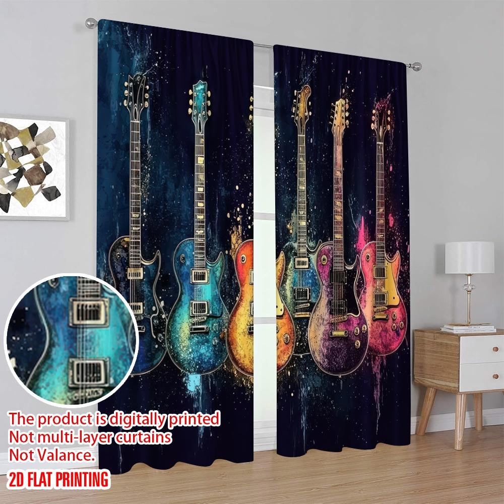 2D Flat Printing 2pcs Spring Summer Curtains Guitar Sheer Curtains Polyester Woven All Seasons Ldeal for Bedroom, Office,