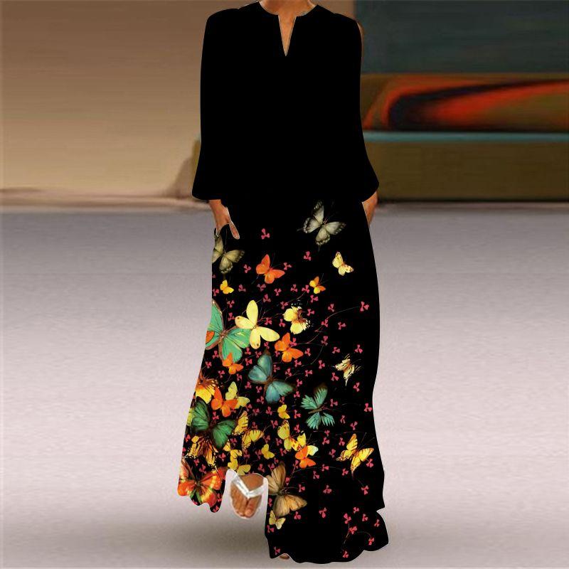 2025 Spring and Summer Fashion New Women's Retro Butterfly Print Long Dress Chiffon V Neck Long Sleeves Pocket Dress