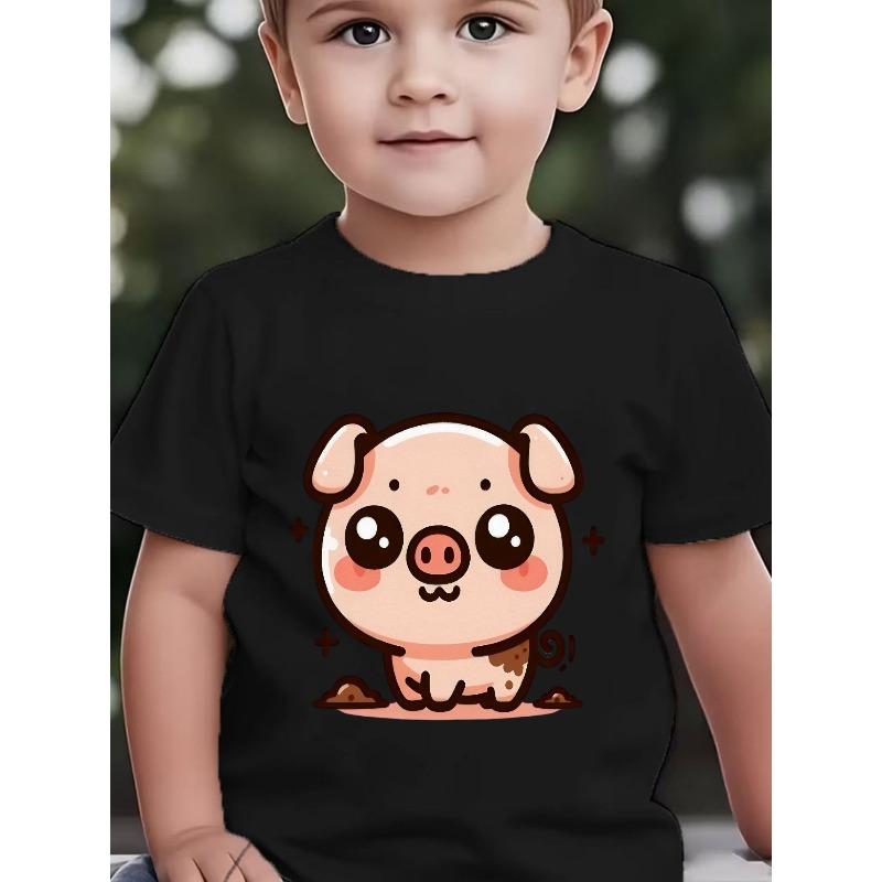 Jungen Helles Rosa Braun Gepunktet Cartoon Schwein Druck Rundhals Sommer Kurzarm T-Shirt