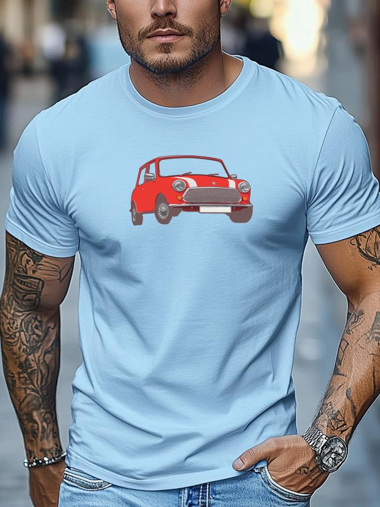 Unisex Light Blue Crew Neck Tee Classic Red Mini Cooper Retro Compact Car Illustration Vintage Auto Fan Soft Cotton Male Tops