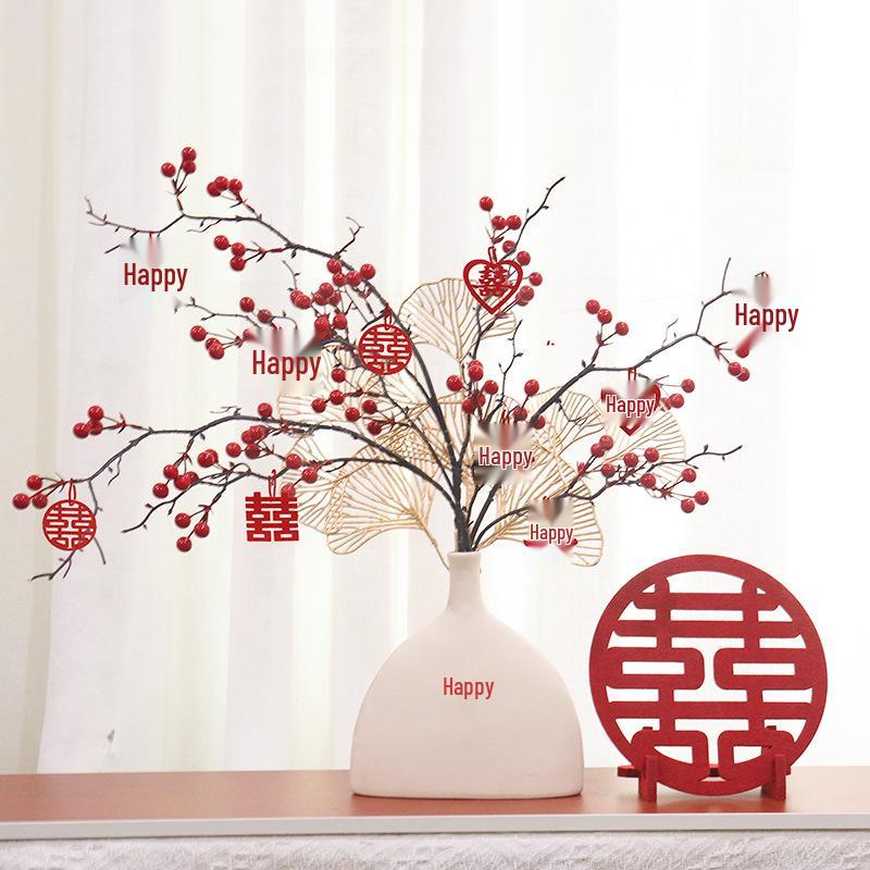 Red Berry Bonsai Scene Ornament for Wedding and Living Room Decor
