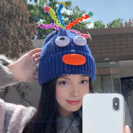 Women Knitted Hat Sausage Mouth Design Ear Protection Warm Hat 3D Big Eyes Versatile Hat Winter Accessory