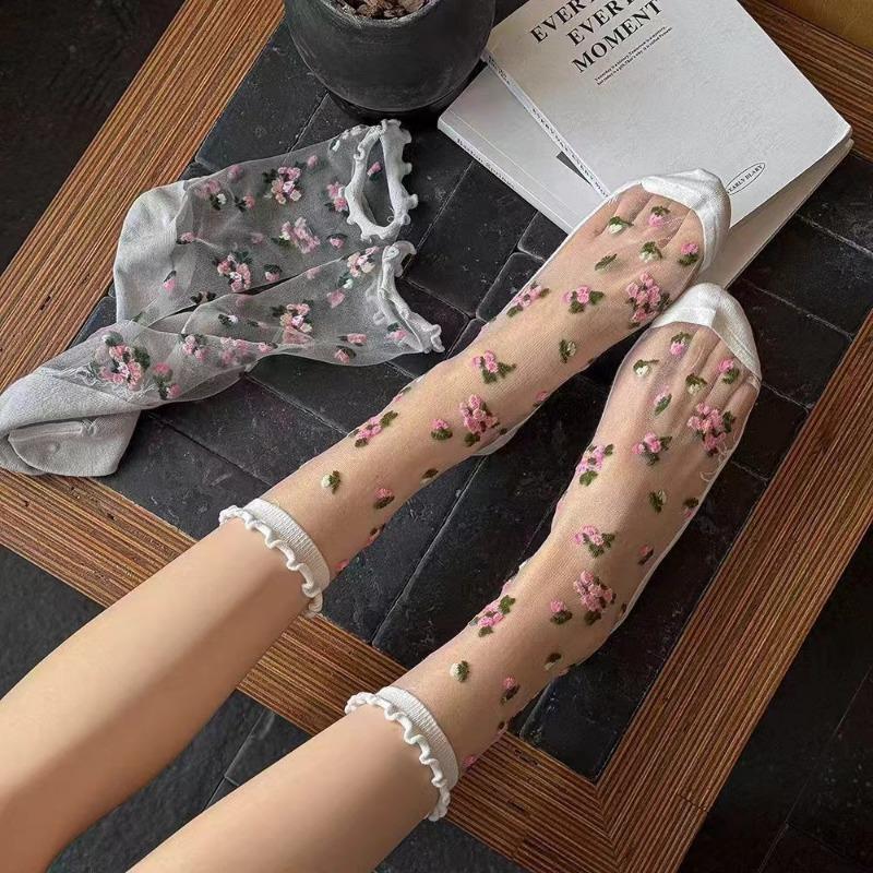 Women Summer Floral Embroidery Thin Transparent Long Socks Mesh Socks Flowers Socks